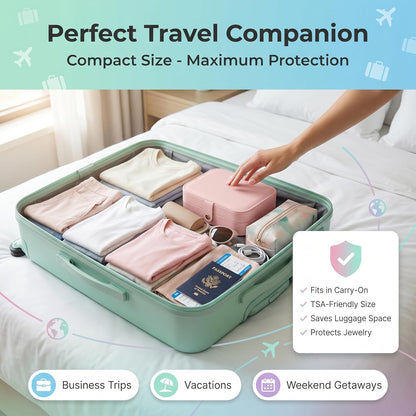 Travel Jewelry Organizer Case, Portable PU Leather Jewelry Box for Rings, Earrings, Necklaces, Bracelets, Double Layer Jewelry Storage Holder for Women Girls, Travel Accessories for Women (Pink)