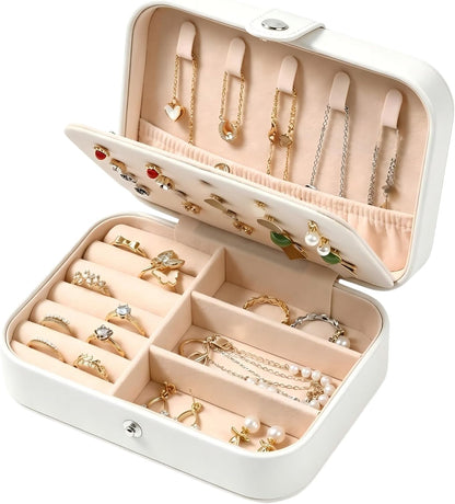 Travel Jewelry Organizer Case, Portable PU Leather Jewelry Box for Rings, Earrings, Necklaces, Bracelets, Double Layer Jewelry Storage Holder for Women Girls, Travel Accessories for Women (Pink)