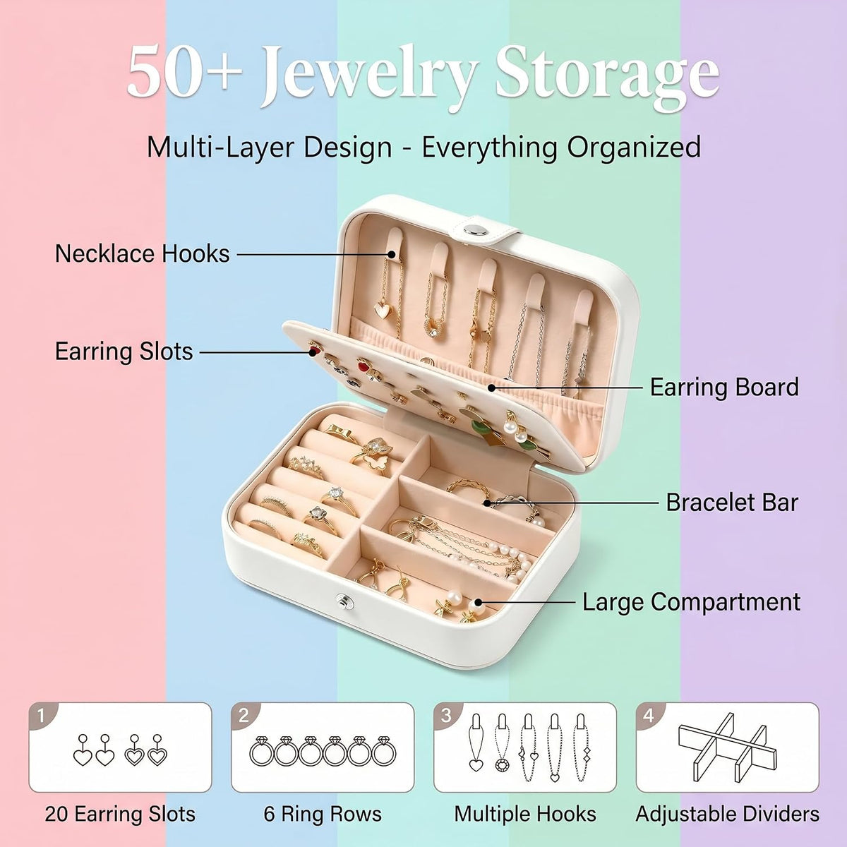 Travel Jewelry Organizer Case, Portable PU Leather Jewelry Box for Rings, Earrings, Necklaces, Bracelets, Double Layer Jewelry Storage Holder for Women Girls, Travel Accessories for Women (Pink)