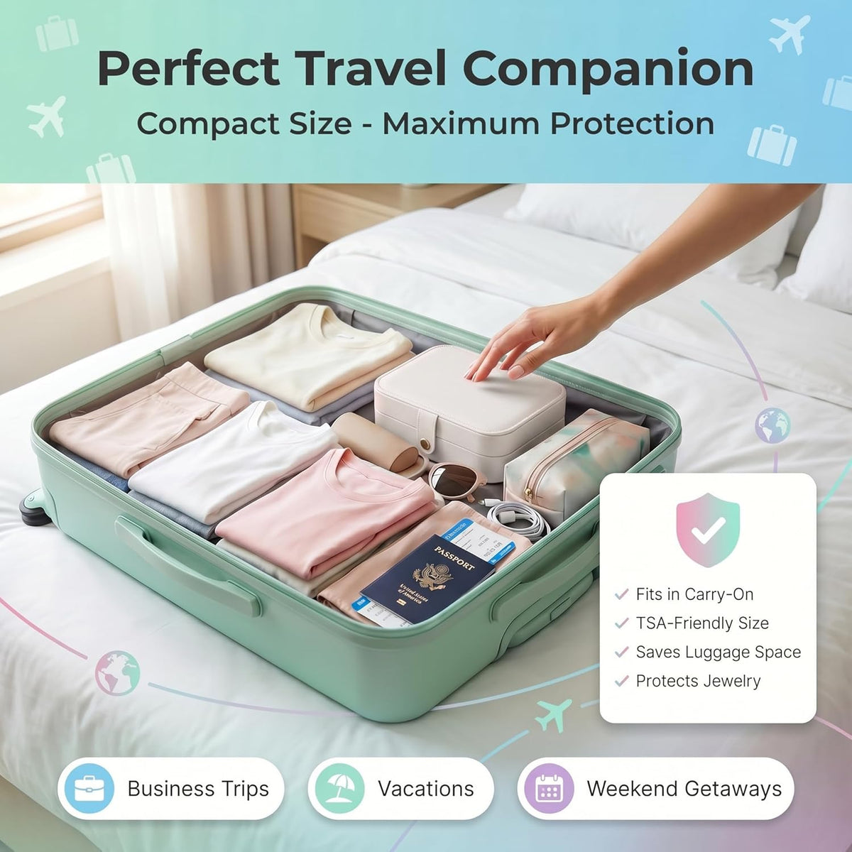 Travel Jewelry Organizer Case, Portable PU Leather Jewelry Box for Rings, Earrings, Necklaces, Bracelets, Double Layer Jewelry Storage Holder for Women Girls, Travel Accessories for Women (Pink)