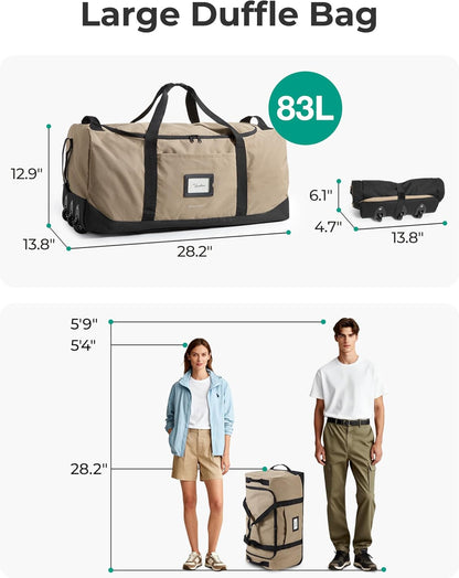 83L Foldable Travel Bag, Large Duffle Bag for Travel, Weekender Duffel Luggage Bag for Sport College Camping, Water Resistant, Brown