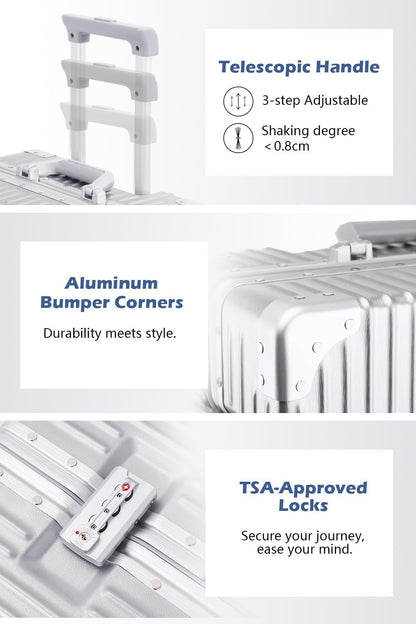 Carry On Luggage with Spinner Wheels, PC Hard Shell Zipperless Suitcase with Aluminum Frame and TSA Locks, 22x14x9 Airline Approved Lightweight Luggage for Business Travel (White, 20 Inch)