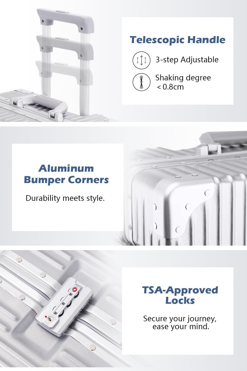 Carry On Luggage with Spinner Wheels, PC Hard Shell Zipperless Suitcase with Aluminum Frame and TSA Locks, 22x14x9 Airline Approved Lightweight Luggage for Business Travel (White, 20 Inch)