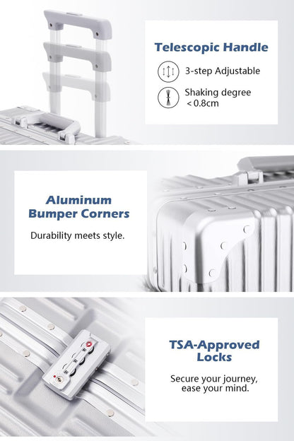 Carry On Luggage with Spinner Wheels, PC Hard Shell Zipperless Suitcase with Aluminum Frame and TSA Locks, 22x14x9 Airline Approved Lightweight Luggage for Business Travel (White, 20 Inch)