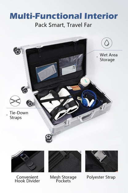 Carry On Luggage with Spinner Wheels, PC Hard Shell Zipperless Suitcase with Aluminum Frame and TSA Locks, 22x14x9 Airline Approved Lightweight Luggage for Business Travel (White, 20 Inch)