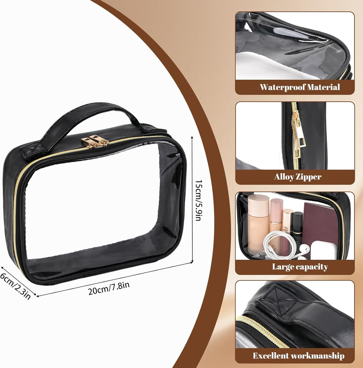 10 Pack Portable TSA Approved Travel Toiletry Bag - Clear Makeup Bag with Handle Large Opening for Travel Carry, Small Household Items Storage Carry on Airport Airline Compliant Bag, Black
