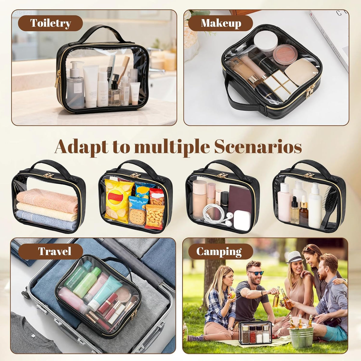 10 Pack Portable TSA Approved Travel Toiletry Bag - Clear Makeup Bag with Handle Large Opening for Travel Carry, Small Household Items Storage Carry on Airport Airline Compliant Bag, Black