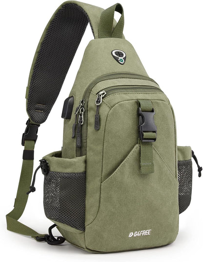 Canvas Crossbody Sling Bag with RFID Blocking for Women Men | Hiking Backpack with USB Charging Port, Fits 9.7" Pad