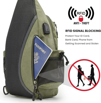 Canvas Crossbody Sling Bag with RFID Blocking for Women Men | Hiking Backpack with USB Charging Port, Fits 9.7" Pad