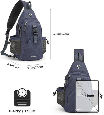 Canvas Crossbody Sling Bag with RFID Blocking for Women Men | Hiking Backpack with USB Charging Port, Fits 9.7" Pad