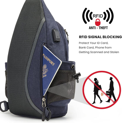 Canvas Crossbody Sling Bag with RFID Blocking for Women Men | Hiking Backpack with USB Charging Port, Fits 9.7" Pad