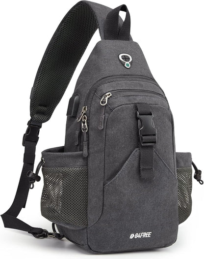 Canvas Crossbody Sling Bag with RFID Blocking for Women Men | Hiking Backpack with USB Charging Port, Fits 9.7" Pad
