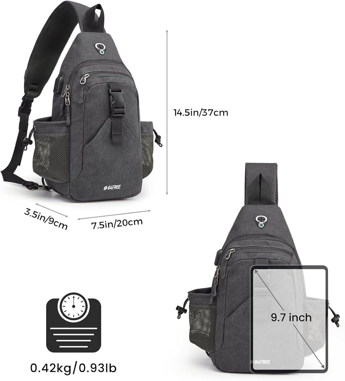 Canvas Crossbody Sling Bag with RFID Blocking for Women Men | Hiking Backpack with USB Charging Port, Fits 9.7" Pad