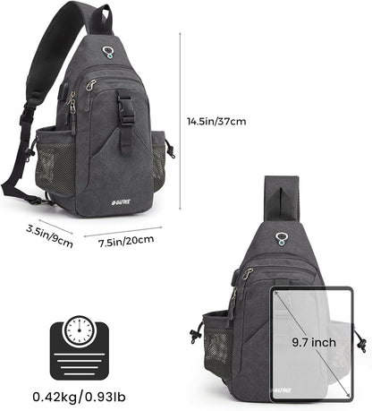 Canvas Crossbody Sling Bag with RFID Blocking for Women Men | Hiking Backpack with USB Charging Port, Fits 9.7" Pad