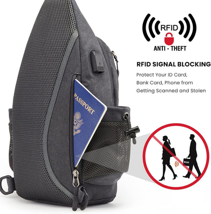 Canvas Crossbody Sling Bag with RFID Blocking for Women Men | Hiking Backpack with USB Charging Port, Fits 9.7" Pad