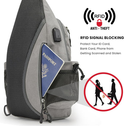 Canvas Crossbody Sling Bag with RFID Blocking for Women Men | Hiking Backpack with USB Charging Port, Fits 9.7" Pad