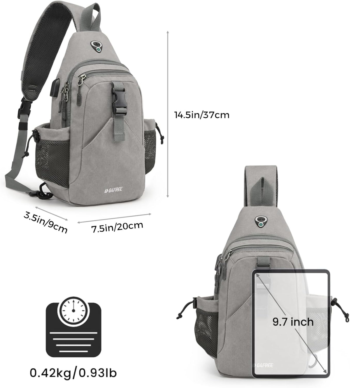 Canvas Crossbody Sling Bag with RFID Blocking for Women Men | Hiking Backpack with USB Charging Port, Fits 9.7" Pad
