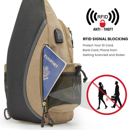 Canvas Crossbody Sling Bag with RFID Blocking for Women Men | Hiking Backpack with USB Charging Port, Fits 9.7" Pad