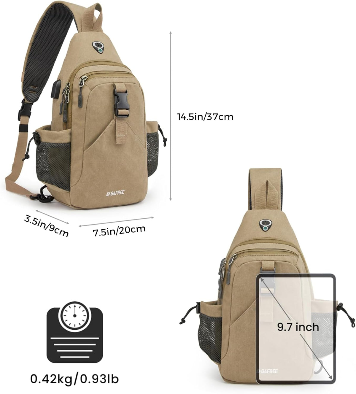 Canvas Crossbody Sling Bag with RFID Blocking for Women Men | Hiking Backpack with USB Charging Port, Fits 9.7" Pad