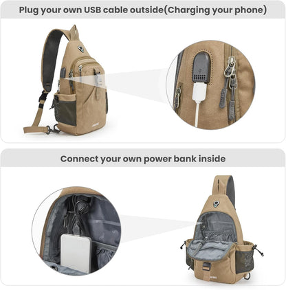 Canvas Crossbody Sling Bag with RFID Blocking for Women Men | Hiking Backpack with USB Charging Port, Fits 9.7" Pad