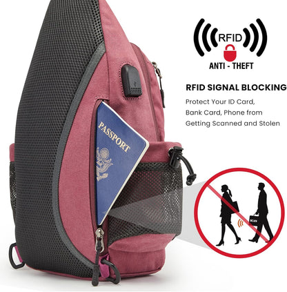 Canvas Crossbody Sling Bag with RFID Blocking for Women Men | Hiking Backpack with USB Charging Port, Fits 9.7" Pad