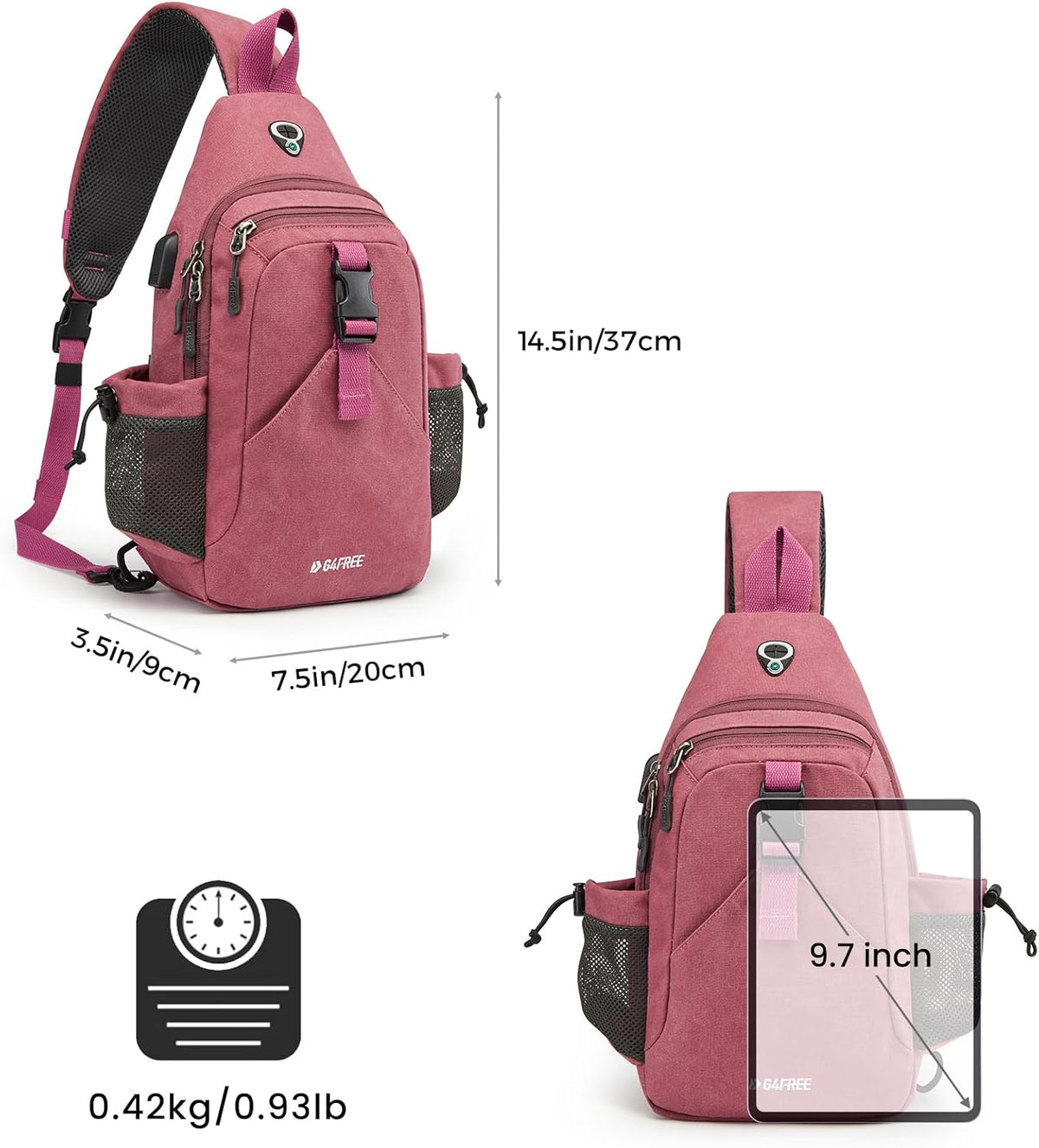 Canvas Crossbody Sling Bag with RFID Blocking for Women Men | Hiking Backpack with USB Charging Port, Fits 9.7" Pad
