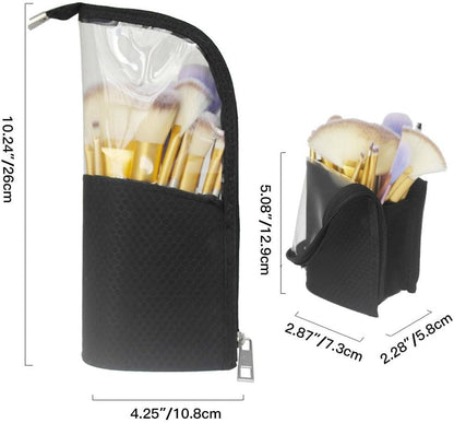 ANEMEL Black Travel Makeup Brush Holder, Organizer Bag Cosmetic Zipper Pouch Portable Dust-Free Stand-Up Toiletry Stationery