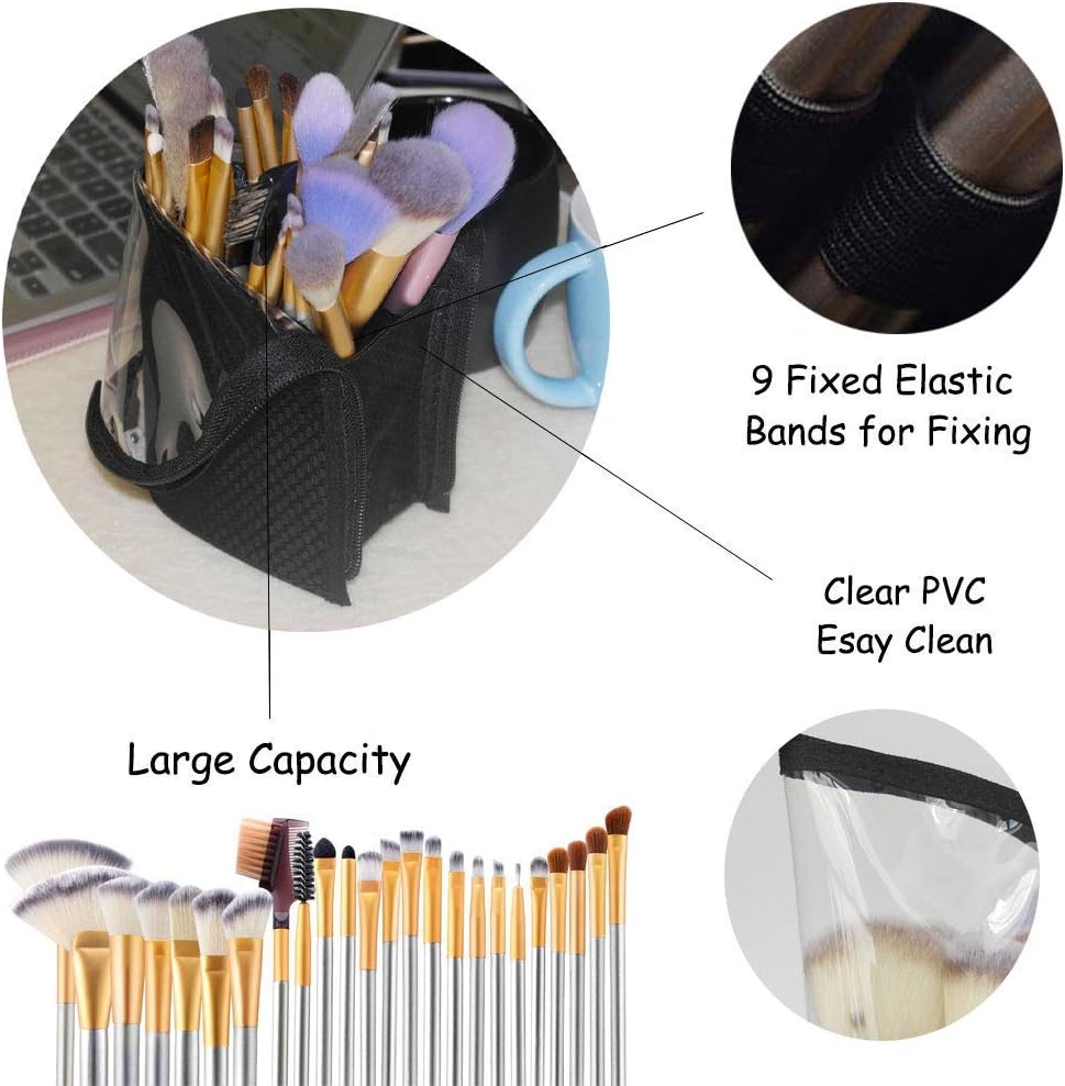 ANEMEL Black Travel Makeup Brush Holder, Organizer Bag Cosmetic Zipper Pouch Portable Dust-Free Stand-Up Toiletry Stationery