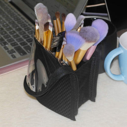 ANEMEL Black Travel Makeup Brush Holder, Organizer Bag Cosmetic Zipper Pouch Portable Dust-Free Stand-Up Toiletry Stationery