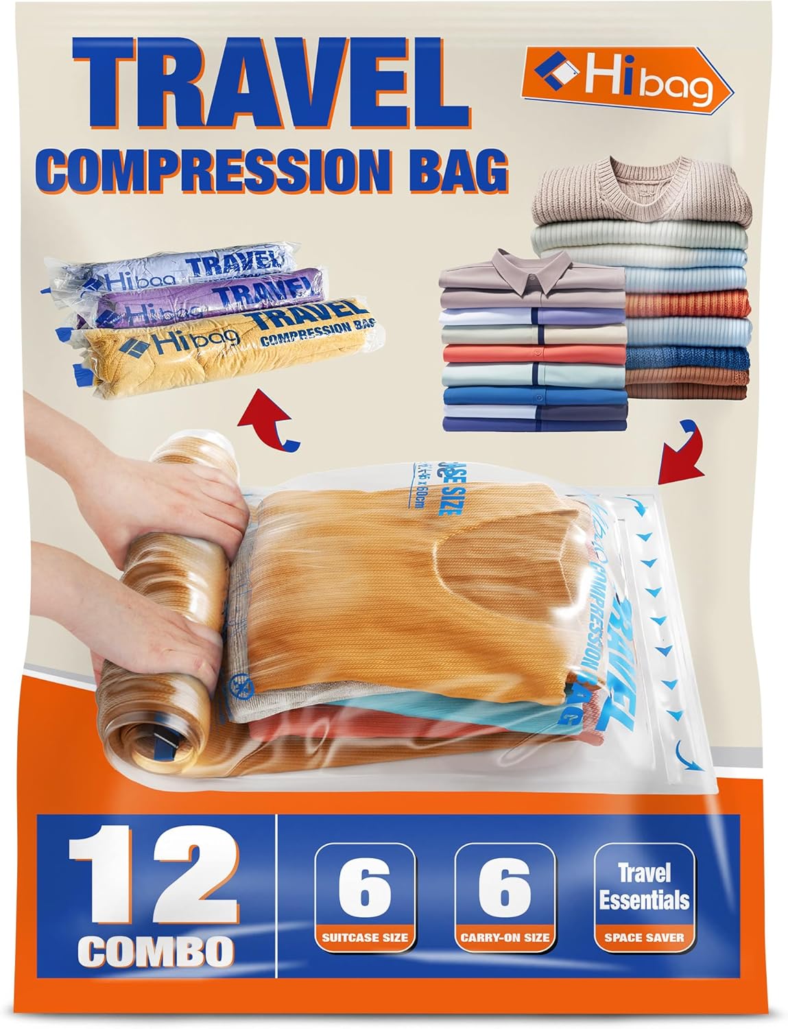 Compression Bags for Travel Essentials, Roll Up Bags No Vacuum Needed | for Cruise Flight, Extra Thick, Luggage Size Carry-on Suitcase Backpack, Waterproof
