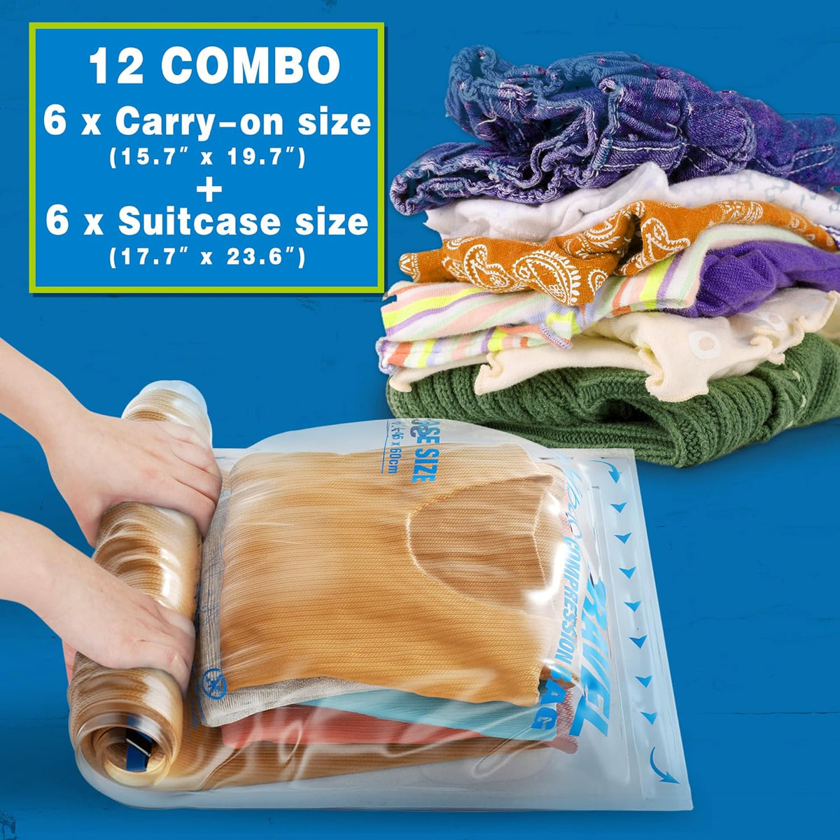 Compression Bags for Travel Essentials, Roll Up Bags No Vacuum Needed | for Cruise Flight, Extra Thick, Luggage Size Carry-on Suitcase Backpack, Waterproof