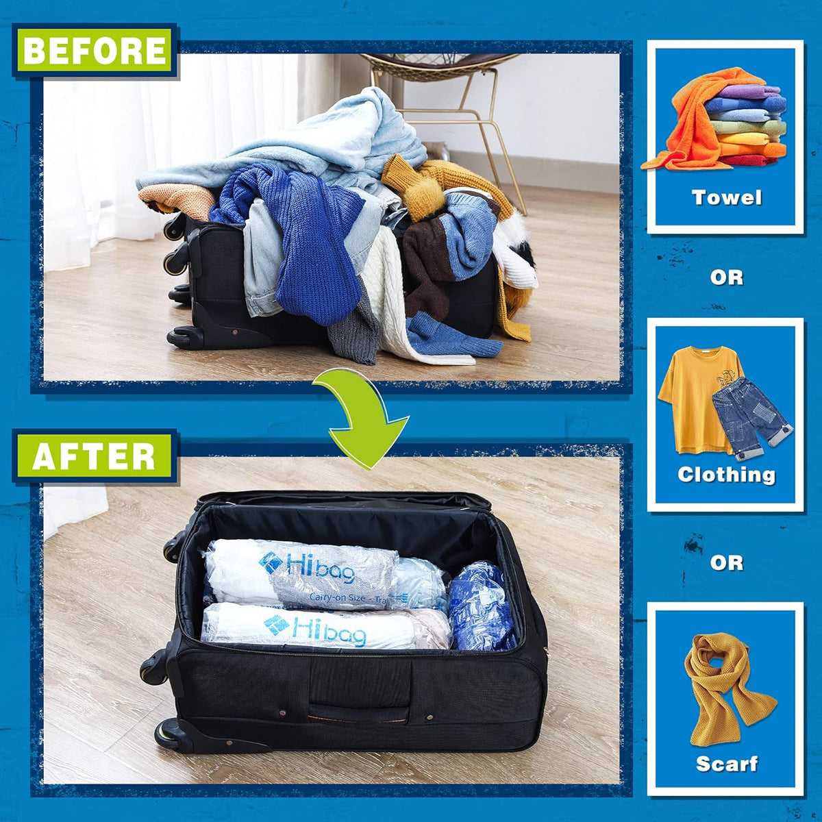 Compression Bags for Travel Essentials, Roll Up Bags No Vacuum Needed | for Cruise Flight, Extra Thick, Luggage Size Carry-on Suitcase Backpack, Waterproof