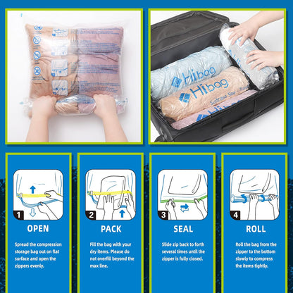 Compression Bags for Travel Essentials, Roll Up Bags No Vacuum Needed | for Cruise Flight, Extra Thick, Luggage Size Carry-on Suitcase Backpack, Waterproof