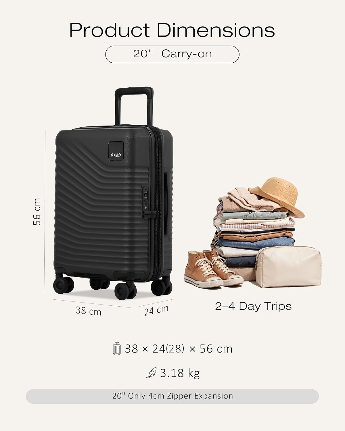 Carry On Luggage Expandable Hardside Upgrade PC Durable Lightweight Travel Suitcases with Dual Spinner Wheels & TSA Lock (Black, Carry-On 20-Inch)