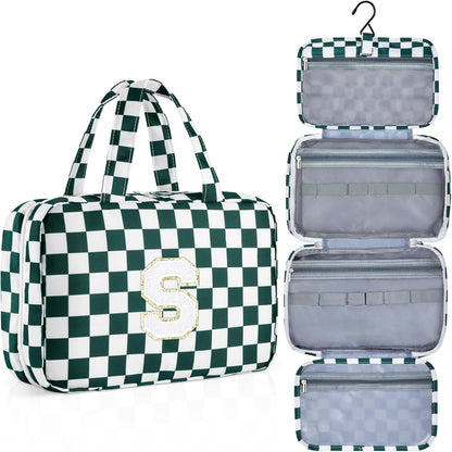 Personalized Initial Travel Hanging Toiletry Bag & Makeup Bag, Toiletry Pouch Organizer Bag for Travel Size Essentials, Cosmetics, Birthday Gifts for Women Teen Girls (Green Checkerboard, M)