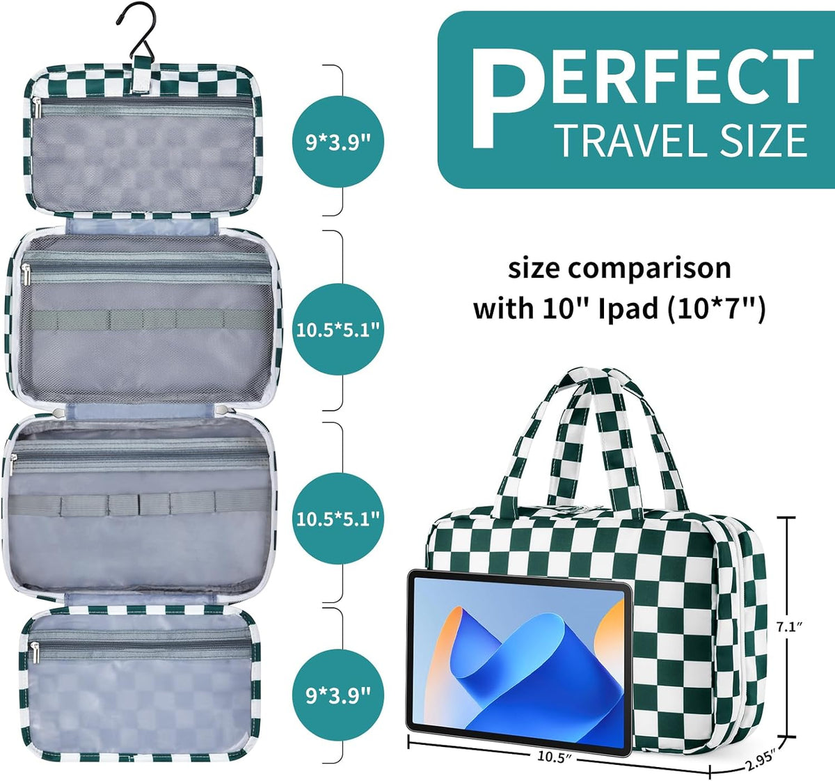 Personalized Initial Travel Hanging Toiletry Bag & Makeup Bag, Toiletry Pouch Organizer Bag for Travel Size Essentials, Cosmetics, Birthday Gifts for Women Teen Girls (Green Checkerboard, M)