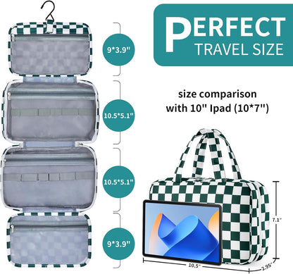Personalized Initial Travel Hanging Toiletry Bag & Makeup Bag, Toiletry Pouch Organizer Bag for Travel Size Essentials, Cosmetics, Birthday Gifts for Women Teen Girls (Green Checkerboard, M)