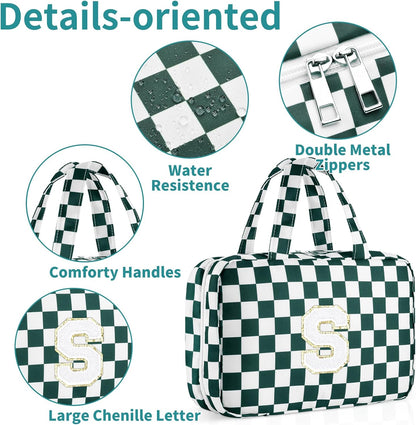 Personalized Initial Travel Hanging Toiletry Bag & Makeup Bag, Toiletry Pouch Organizer Bag for Travel Size Essentials, Cosmetics, Birthday Gifts for Women Teen Girls (Green Checkerboard, M)
