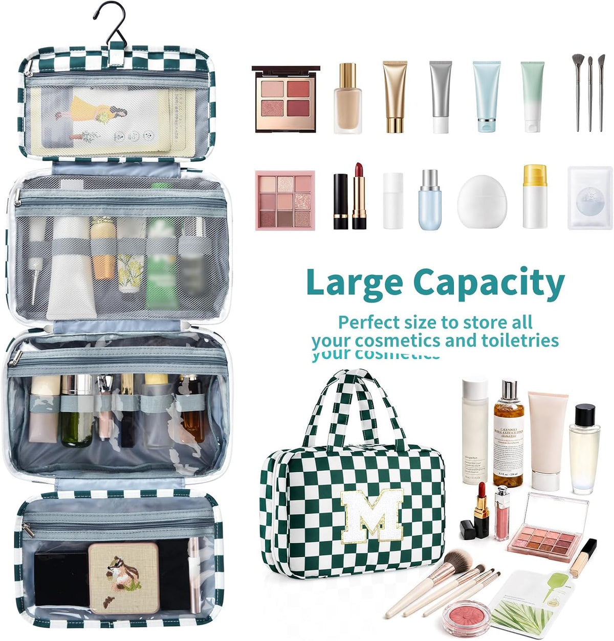 Personalized Initial Travel Hanging Toiletry Bag & Makeup Bag, Toiletry Pouch Organizer Bag for Travel Size Essentials, Cosmetics, Birthday Gifts for Women Teen Girls (Green Checkerboard, M)