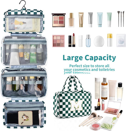 Personalized Initial Travel Hanging Toiletry Bag & Makeup Bag, Toiletry Pouch Organizer Bag for Travel Size Essentials, Cosmetics, Birthday Gifts for Women Teen Girls (Green Checkerboard, M)