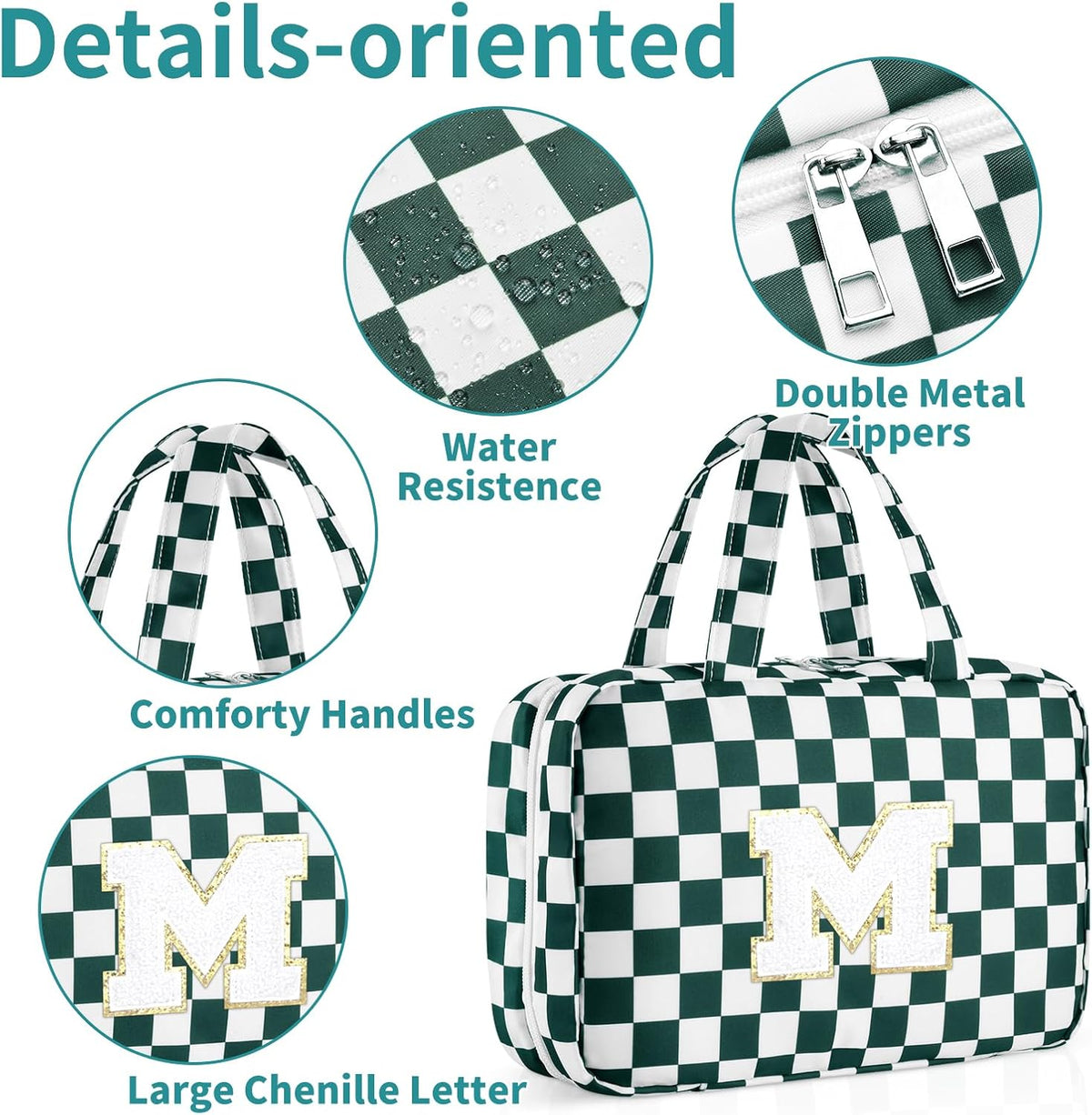 Personalized Initial Travel Hanging Toiletry Bag & Makeup Bag, Toiletry Pouch Organizer Bag for Travel Size Essentials, Cosmetics, Birthday Gifts for Women Teen Girls (Green Checkerboard, M)