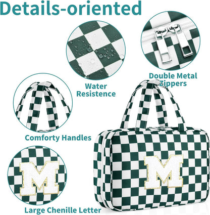Personalized Initial Travel Hanging Toiletry Bag & Makeup Bag, Toiletry Pouch Organizer Bag for Travel Size Essentials, Cosmetics, Birthday Gifts for Women Teen Girls (Green Checkerboard, M)