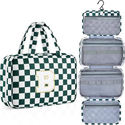 Personalized Initial Travel Hanging Toiletry Bag & Makeup Bag, Toiletry Pouch Organizer Bag for Travel Size Essentials, Cosmetics, Birthday Gifts for Women Teen Girls (Green Checkerboard, M)