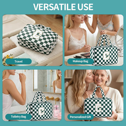 Personalized Initial Travel Hanging Toiletry Bag & Makeup Bag, Toiletry Pouch Organizer Bag for Travel Size Essentials, Cosmetics, Birthday Gifts for Women Teen Girls (Green Checkerboard, M)
