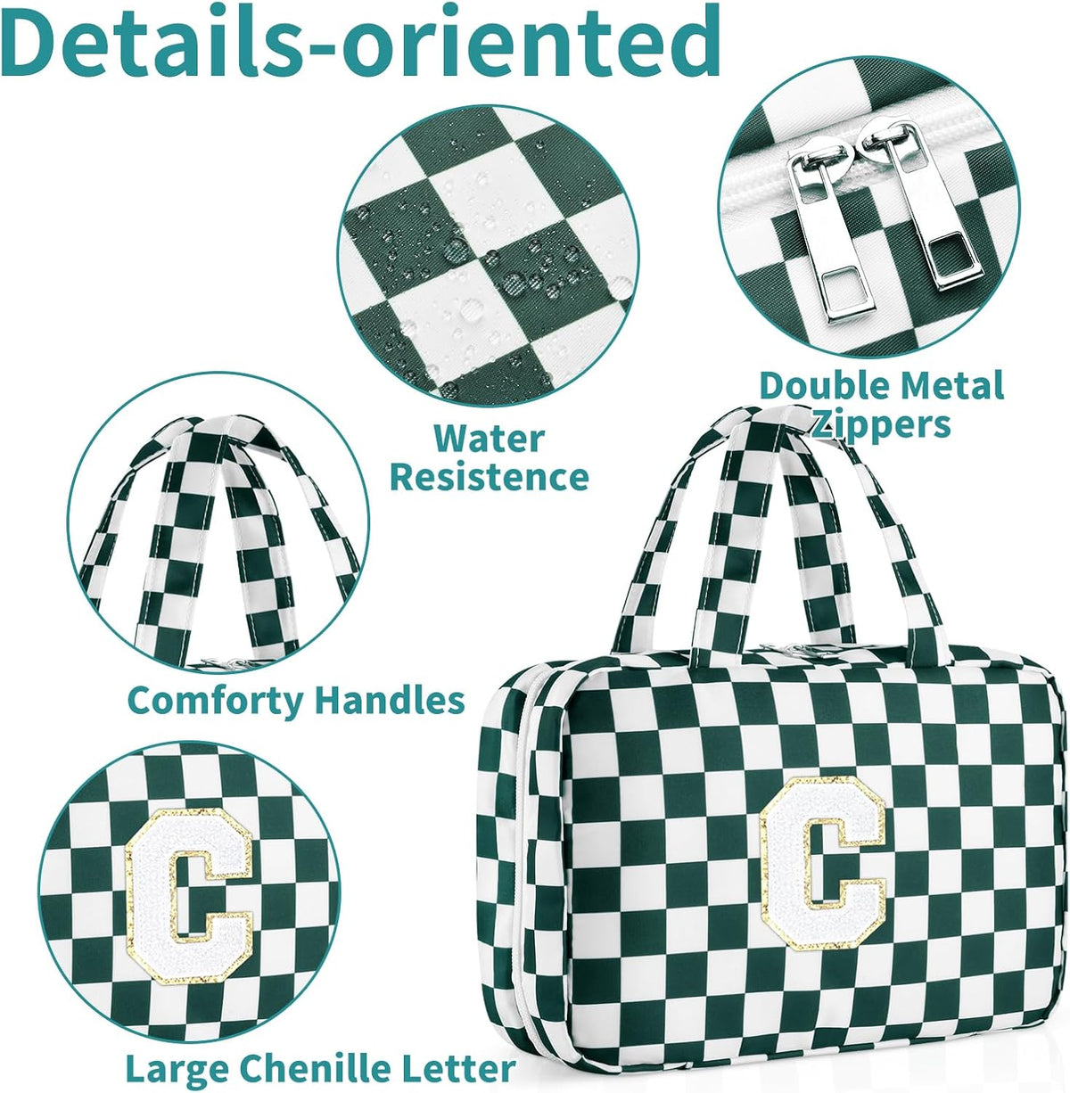 Personalized Initial Travel Hanging Toiletry Bag & Makeup Bag, Toiletry Pouch Organizer Bag for Travel Size Essentials, Cosmetics, Birthday Gifts for Women Teen Girls (Green Checkerboard, M)