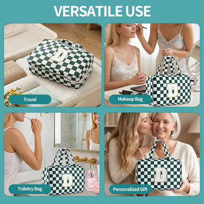 Personalized Initial Travel Hanging Toiletry Bag & Makeup Bag, Toiletry Pouch Organizer Bag for Travel Size Essentials, Cosmetics, Birthday Gifts for Women Teen Girls (Green Checkerboard, M)
