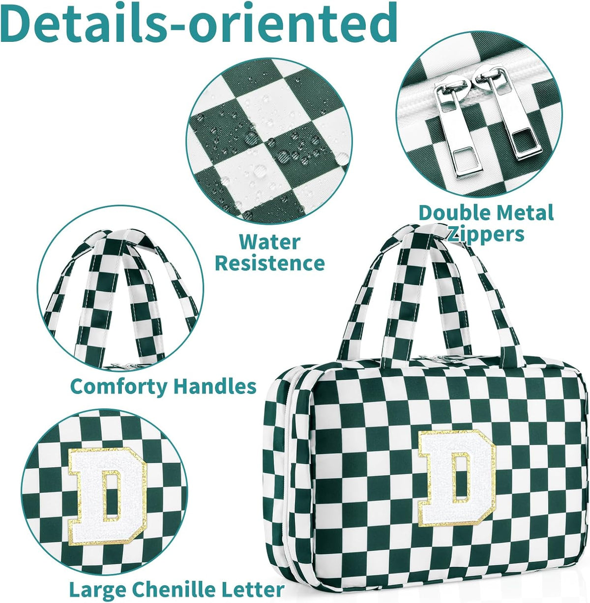 Personalized Initial Travel Hanging Toiletry Bag & Makeup Bag, Toiletry Pouch Organizer Bag for Travel Size Essentials, Cosmetics, Birthday Gifts for Women Teen Girls (Green Checkerboard, M)