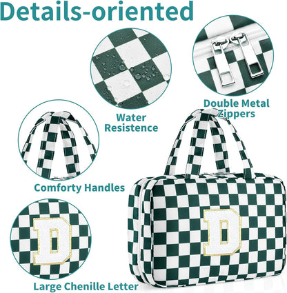 Personalized Initial Travel Hanging Toiletry Bag & Makeup Bag, Toiletry Pouch Organizer Bag for Travel Size Essentials, Cosmetics, Birthday Gifts for Women Teen Girls (Green Checkerboard, M)