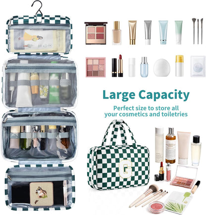 Personalized Initial Travel Hanging Toiletry Bag & Makeup Bag, Toiletry Pouch Organizer Bag for Travel Size Essentials, Cosmetics, Birthday Gifts for Women Teen Girls (Green Checkerboard, M)