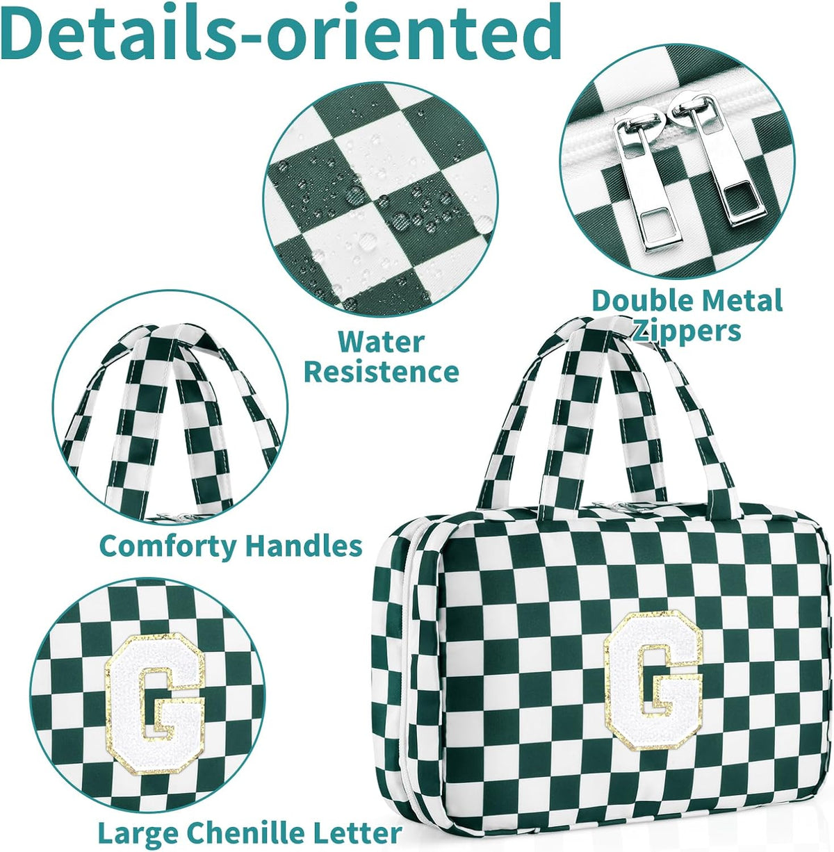 Personalized Initial Travel Hanging Toiletry Bag & Makeup Bag, Toiletry Pouch Organizer Bag for Travel Size Essentials, Cosmetics, Birthday Gifts for Women Teen Girls (Green Checkerboard, M)